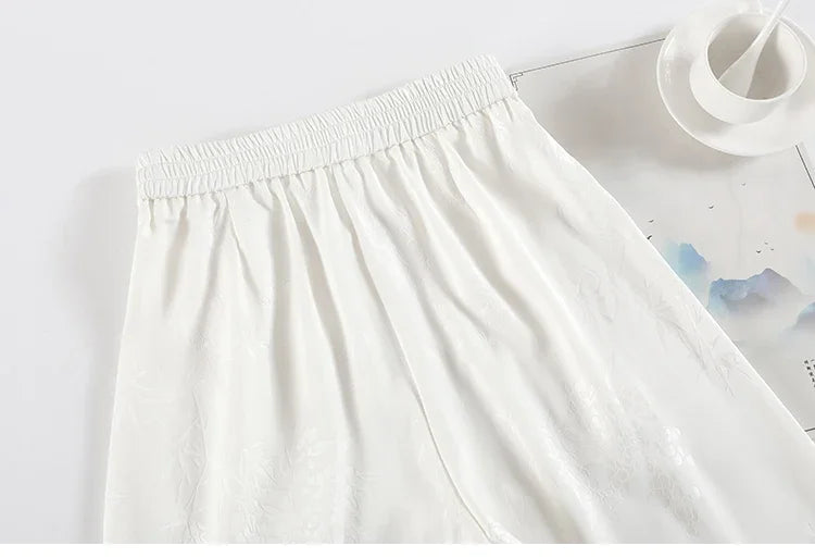 Chinese Style Jacquard Wide Leg Satin Pants – Women